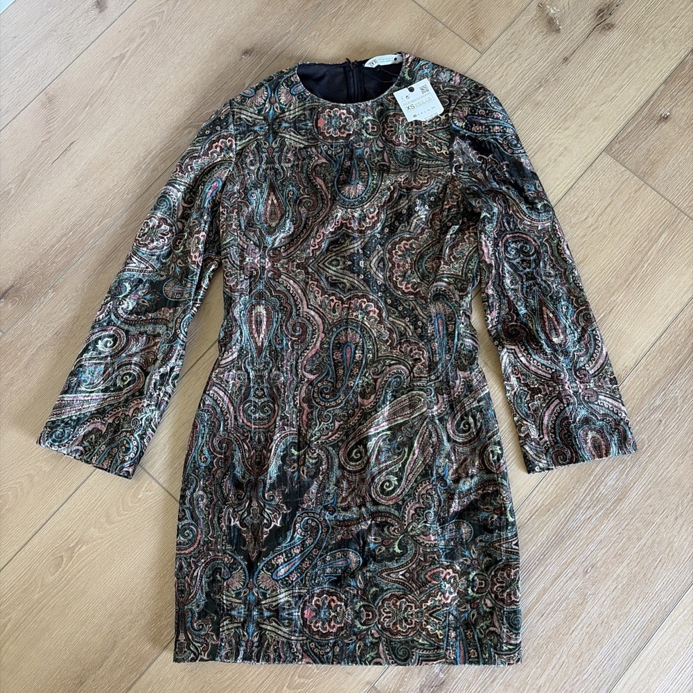 Zara Womens Size XS Dress Paisley Velvet Boho Mini Dress Wedding Guest